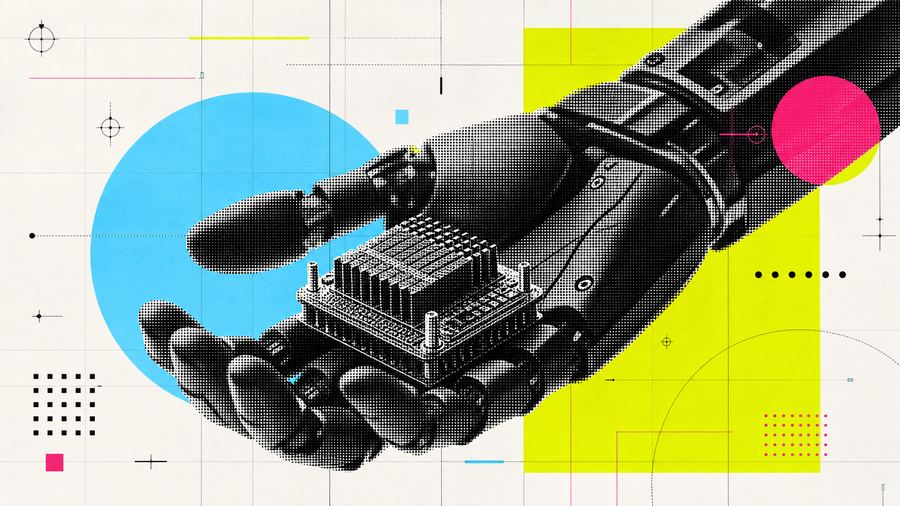 ロボットの手が剥き出しのエッジ演算モジュールを支える
