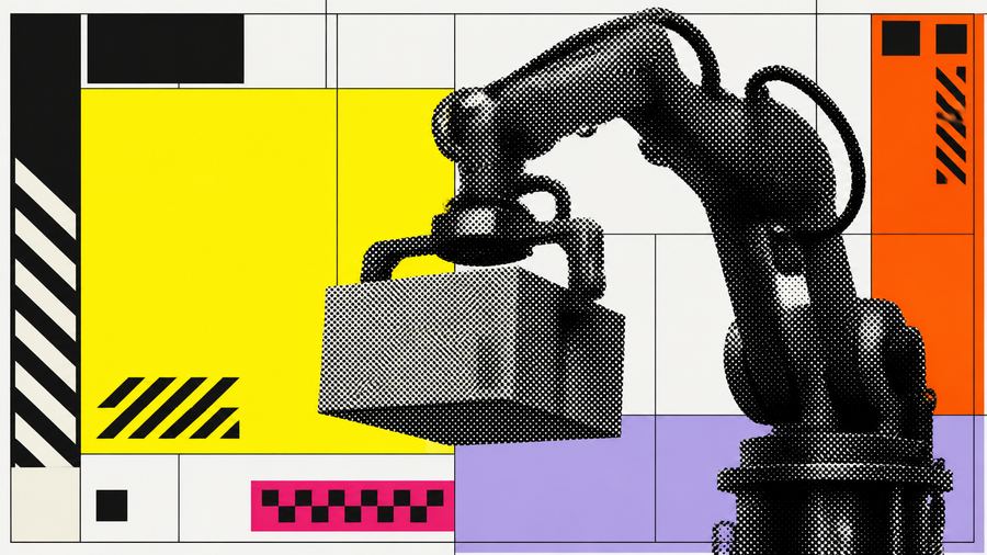 無骨で黒い産業用ロボットアームが段ボールケースを自律的に持ち上げる