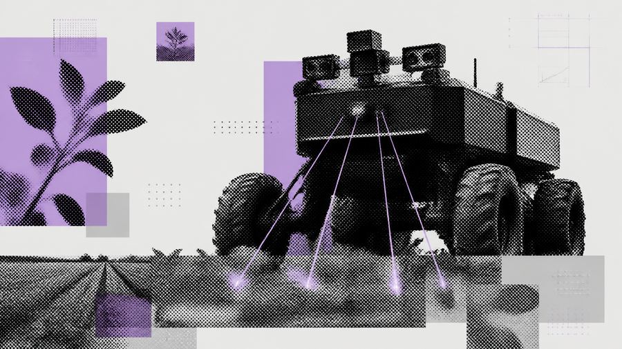 作物列を見分け、雑草へレーザーを照射する無骨で黒い農業用除草ロボット