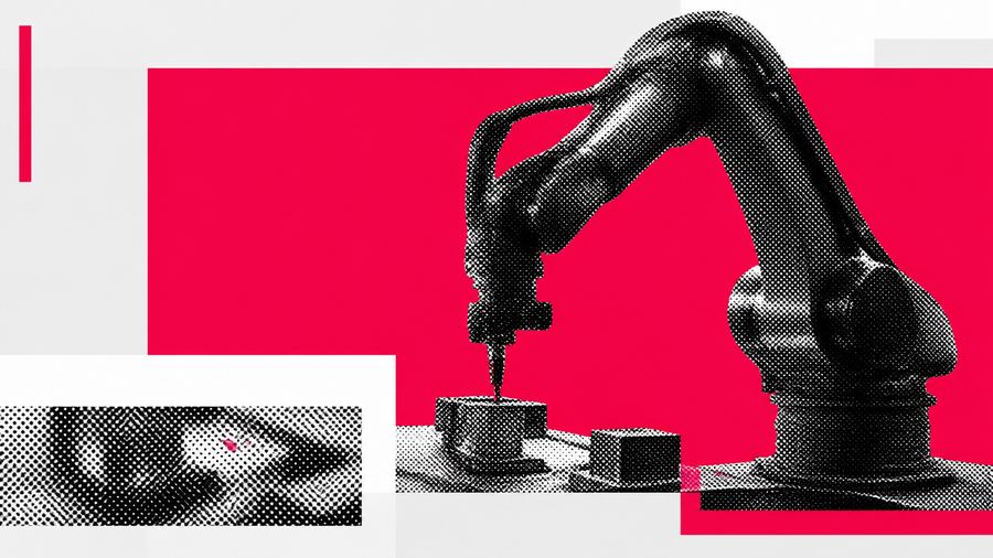 印を付けたワークを読み取り、正確に持ち替える無骨で黒い協働ロボットアーム
